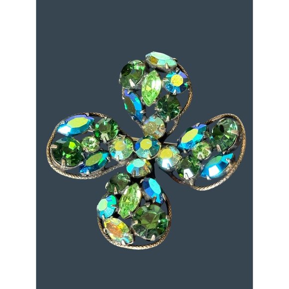 Vintage Regency Designer Signed Rhinestone Clover Brooch Green & Blue 2" Pin - Picture 1 of 6